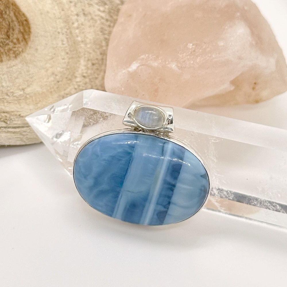BLUE Owyhee & Rainbow Moonstone Sterling Silver Healing Pendant Necklace